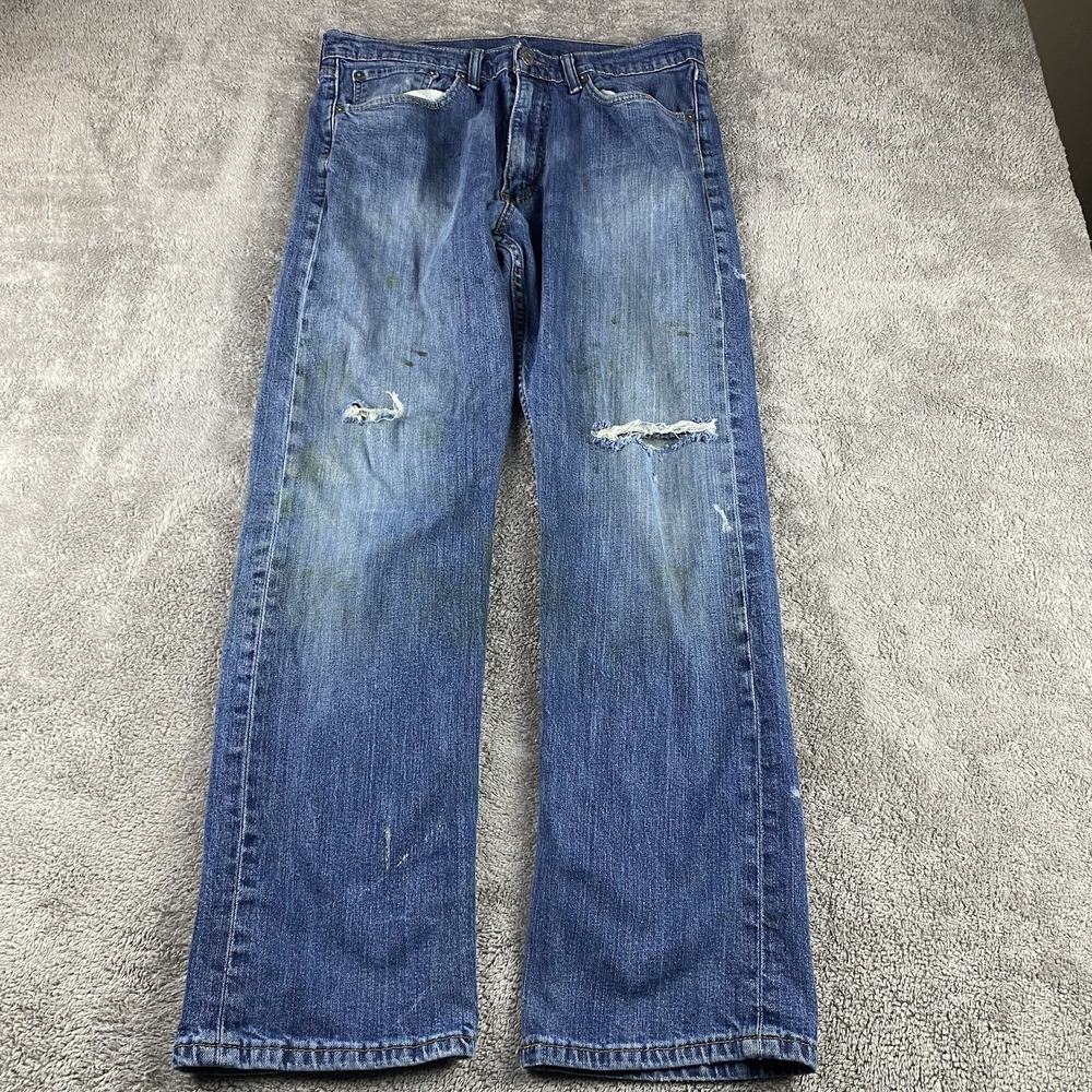 Levis 505 Classic Straight Leg Jeans Mens 34x30 Blue Mid Rise Distressed